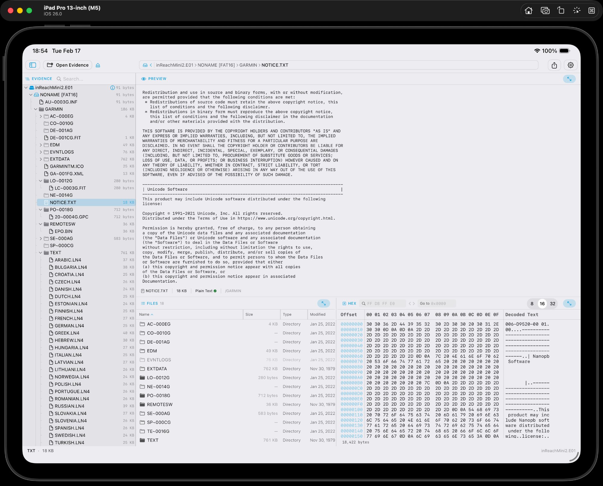 dfirOS on iPad — Garmin E01 image with FAT16 partition, text preview and hex view