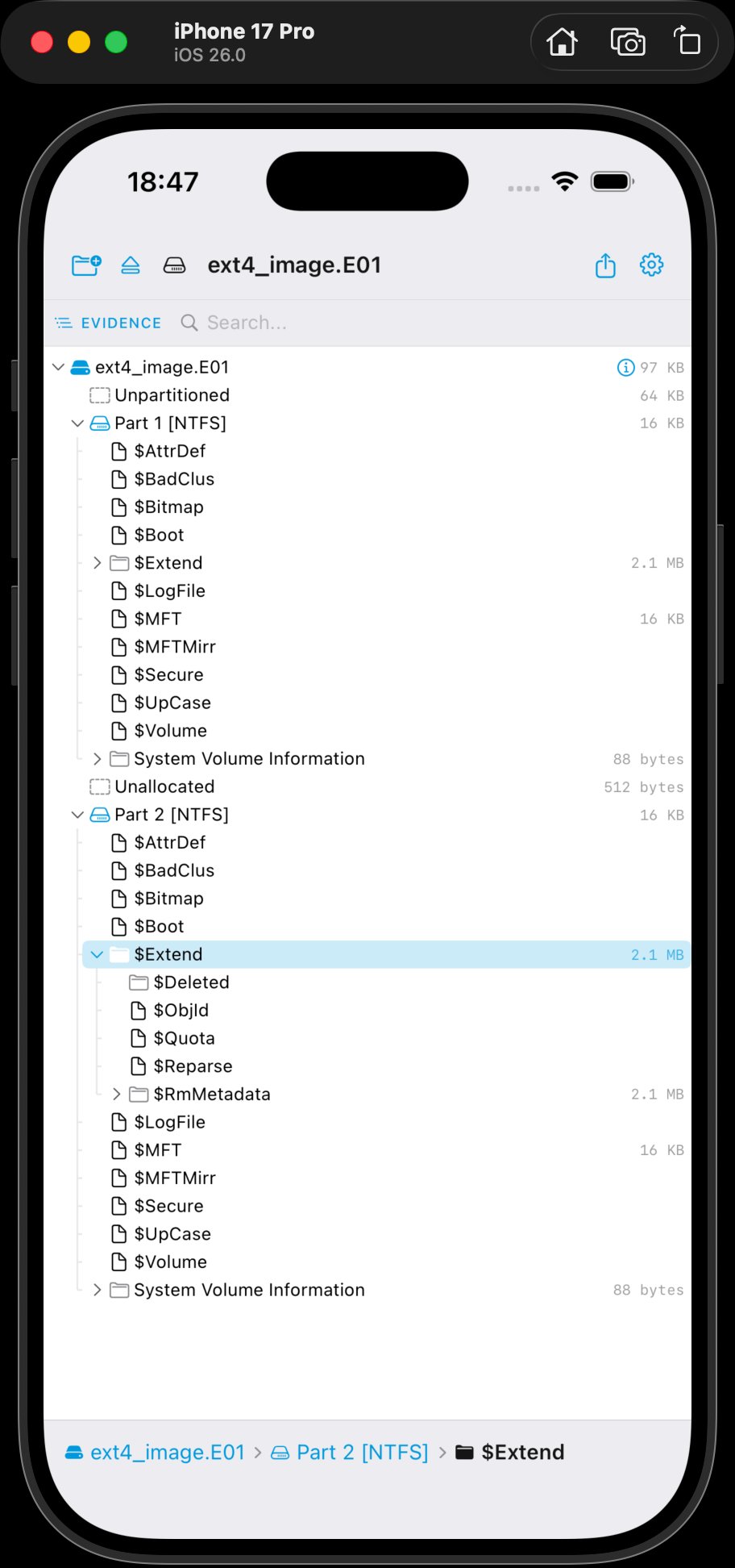 dfirOS on iPhone — browsing E01 evidence with NTFS partitions