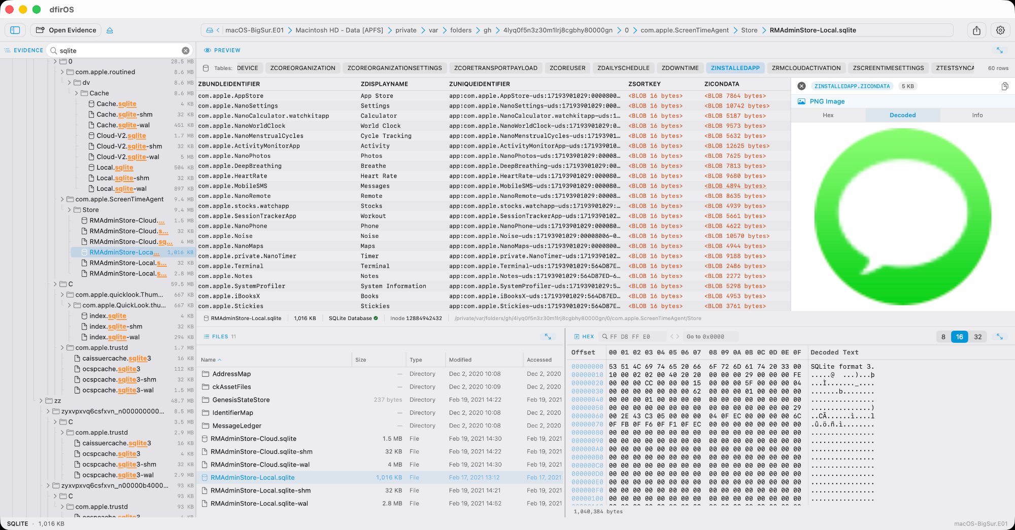 dfirOS on macOS — SQLite table browser with image preview, search filtering, and hex view