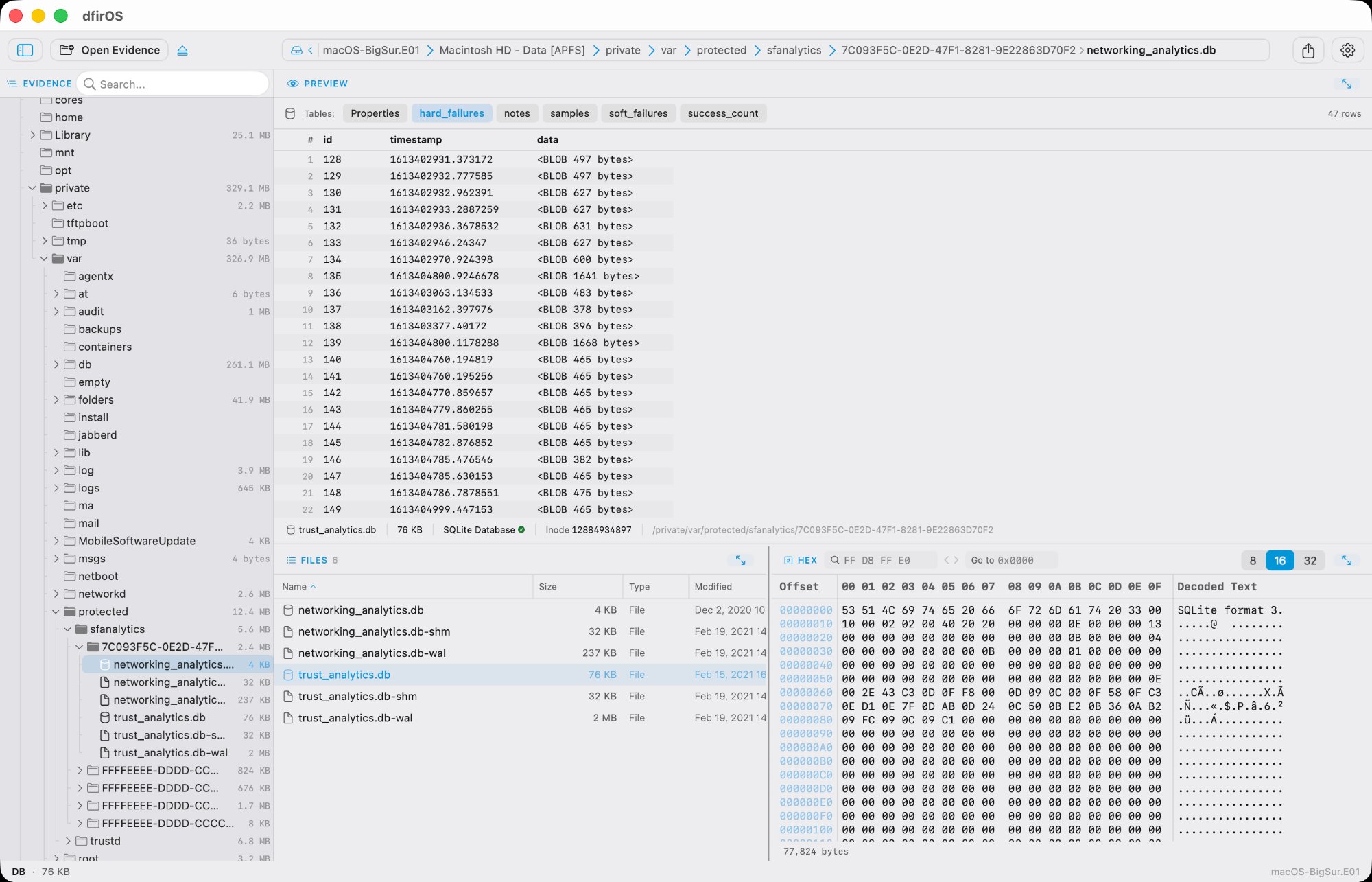 dfirOS on macOS — browsing an E01 forensic image with file tree, SQLite preview, file list, and hex viewer
